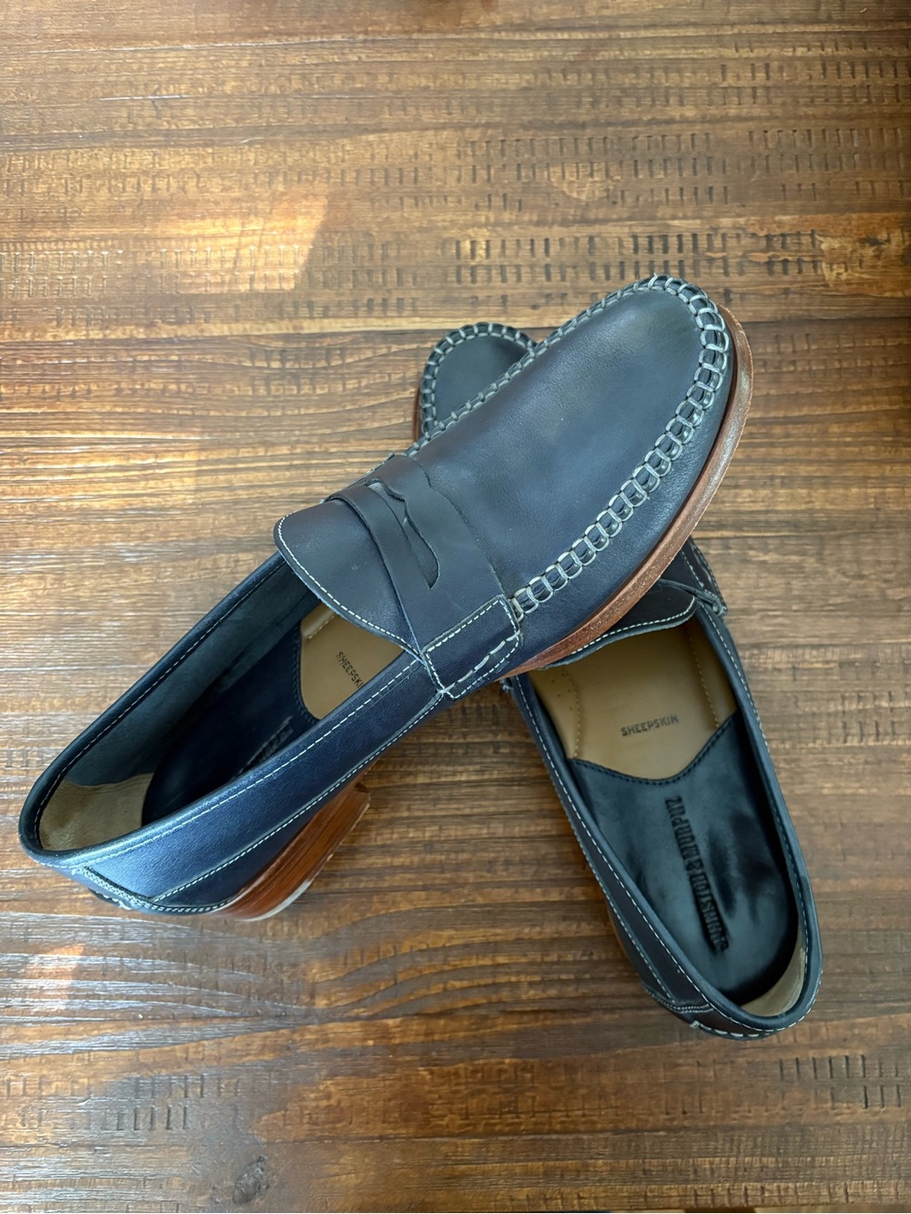 Johnston & Murphy Sheepskin Classic Men's Navy Leather Penny Loafers, Size 8